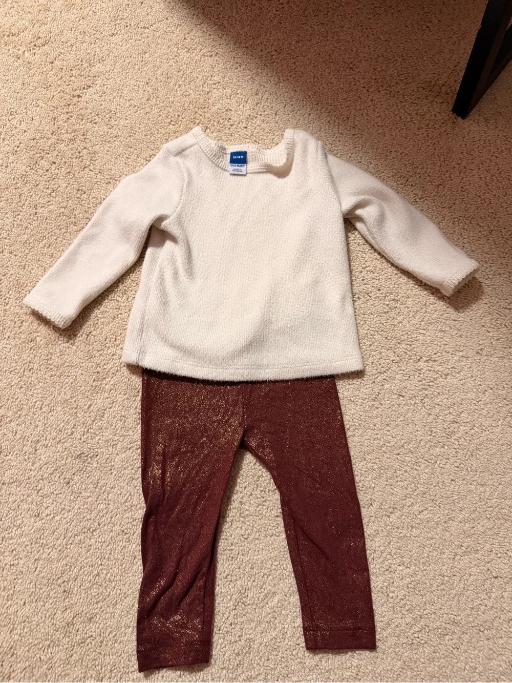 Old Navy Cream Fuzzy Pullover & Maroon gold foil leggings